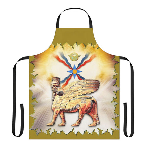 Assyrian-inspired apron featuring a lamassu, the iconic winged bull from ancient Mesopotamian culture