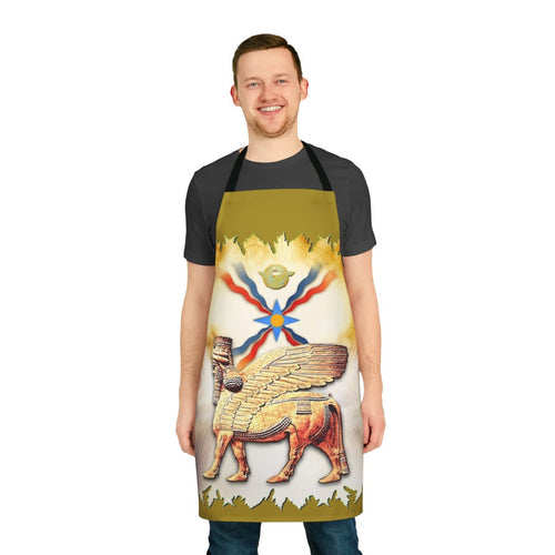 Assyrian-inspired apron featuring a lamassu, the iconic winged bull from ancient Mesopotamian culture