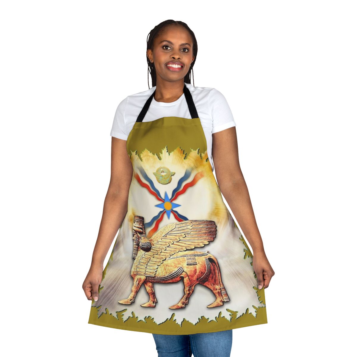 Assyrian-inspired apron featuring a lamassu, the iconic winged bull from ancient Mesopotamian culture