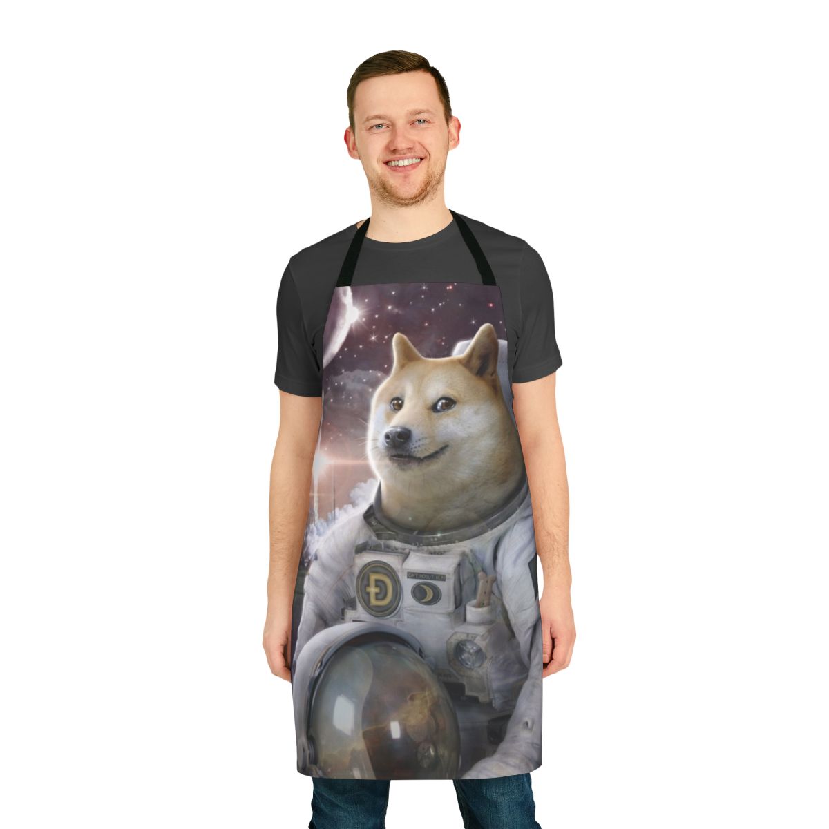 Astronaut apron with space galaxy and dogecoin meme design