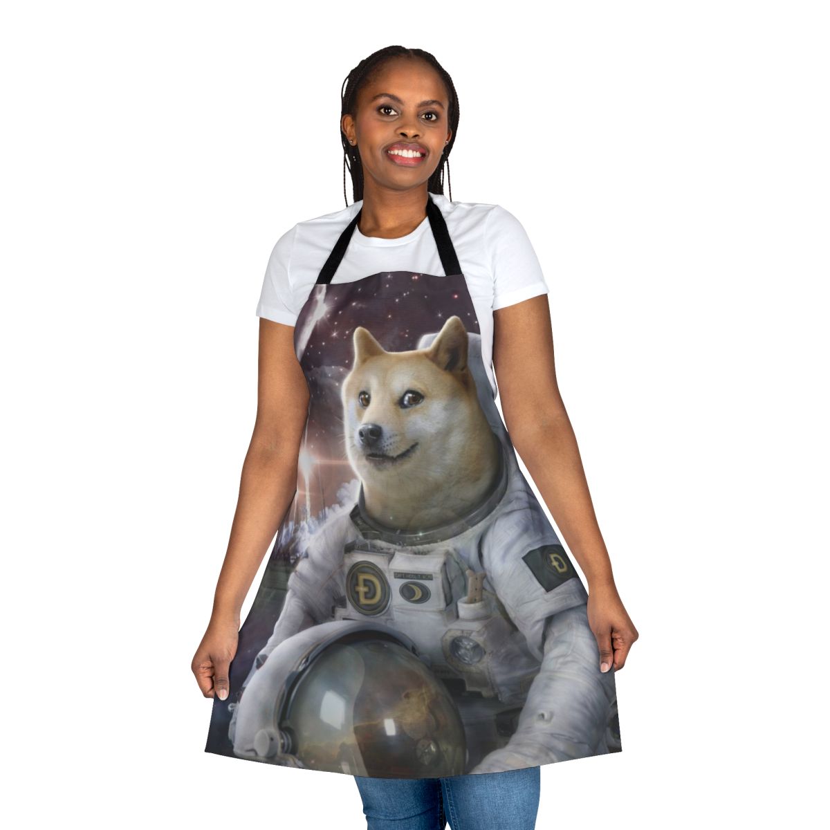 Astronaut apron with space galaxy and dogecoin meme design
