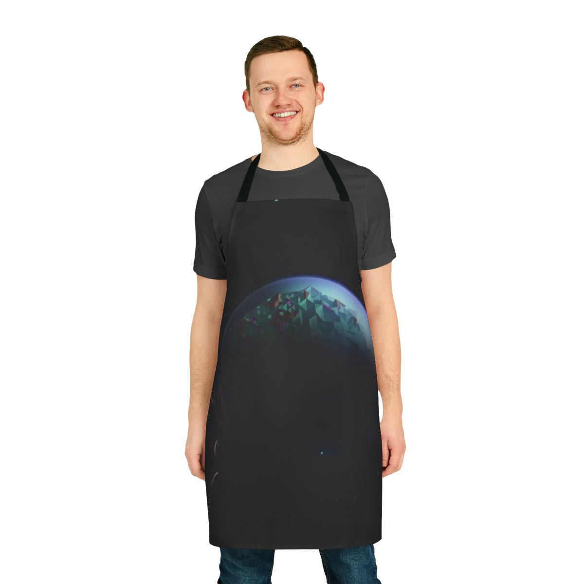 Astronaut-themed apron with space, star, and planetary exploration imagery
