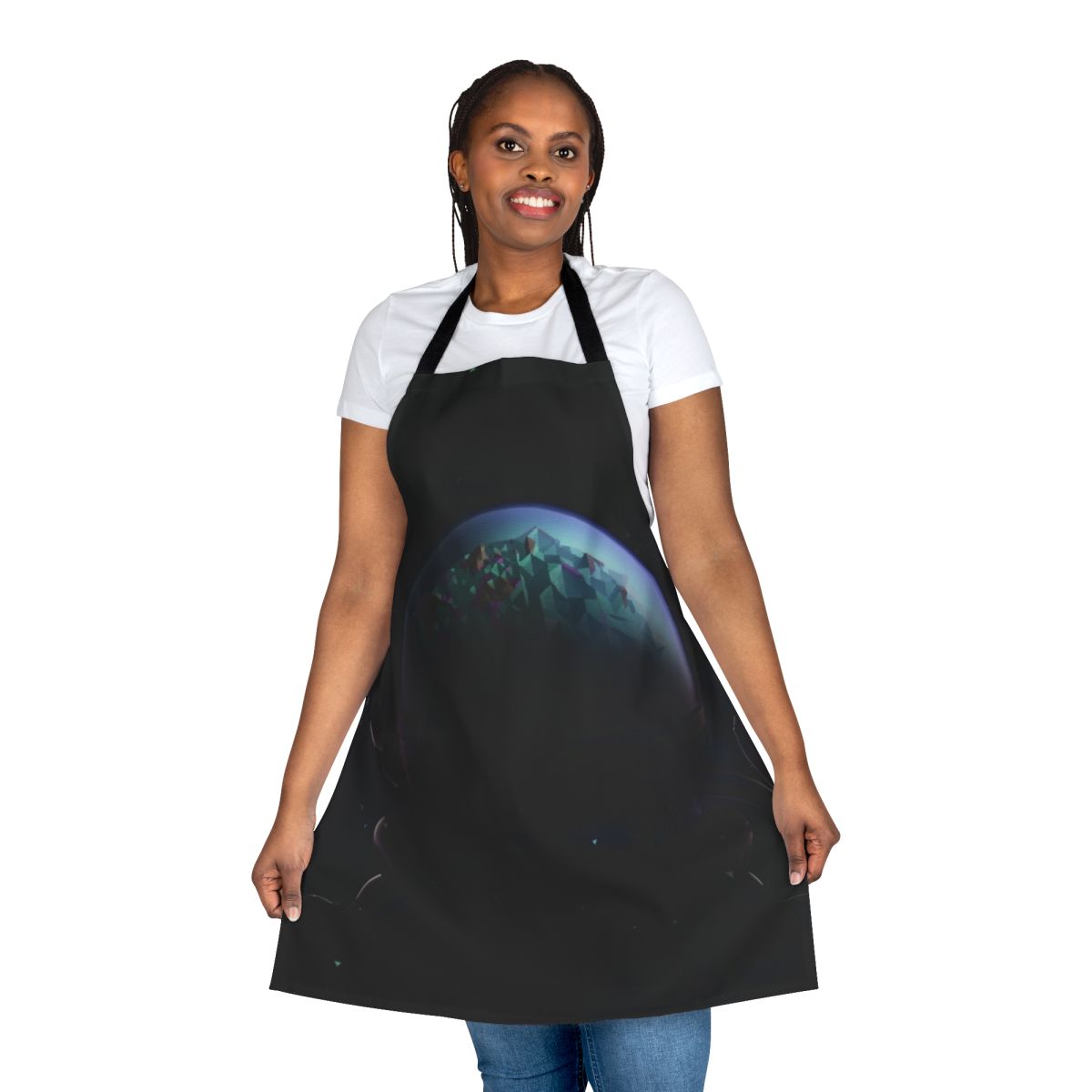 Astronaut-themed apron with space, star, and planetary exploration imagery