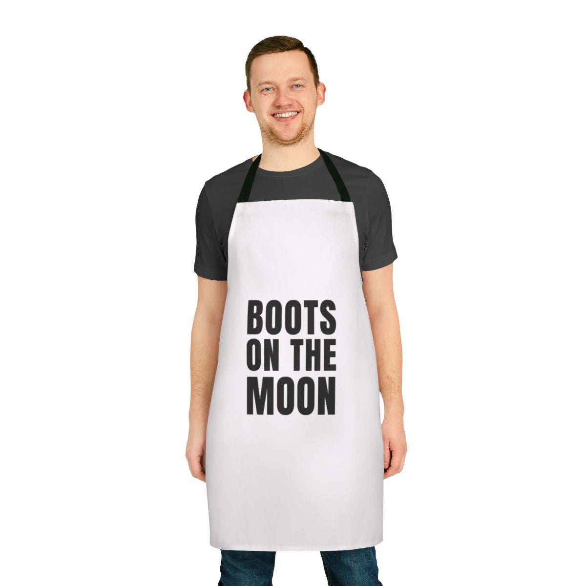 An astronaut-inspired apron featuring space-themed graphics and quotes from the Netflix series "Space Force".