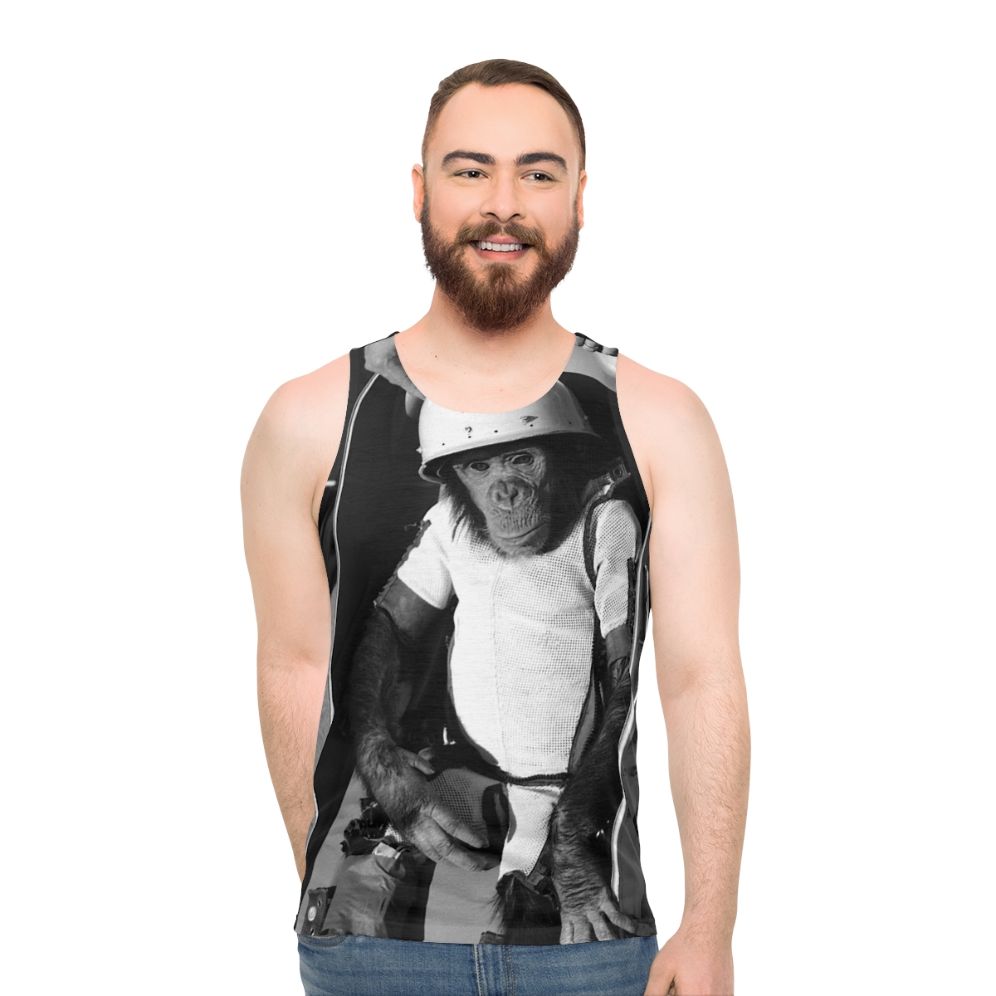 Unisex tank top with graphic of astronaut monkey