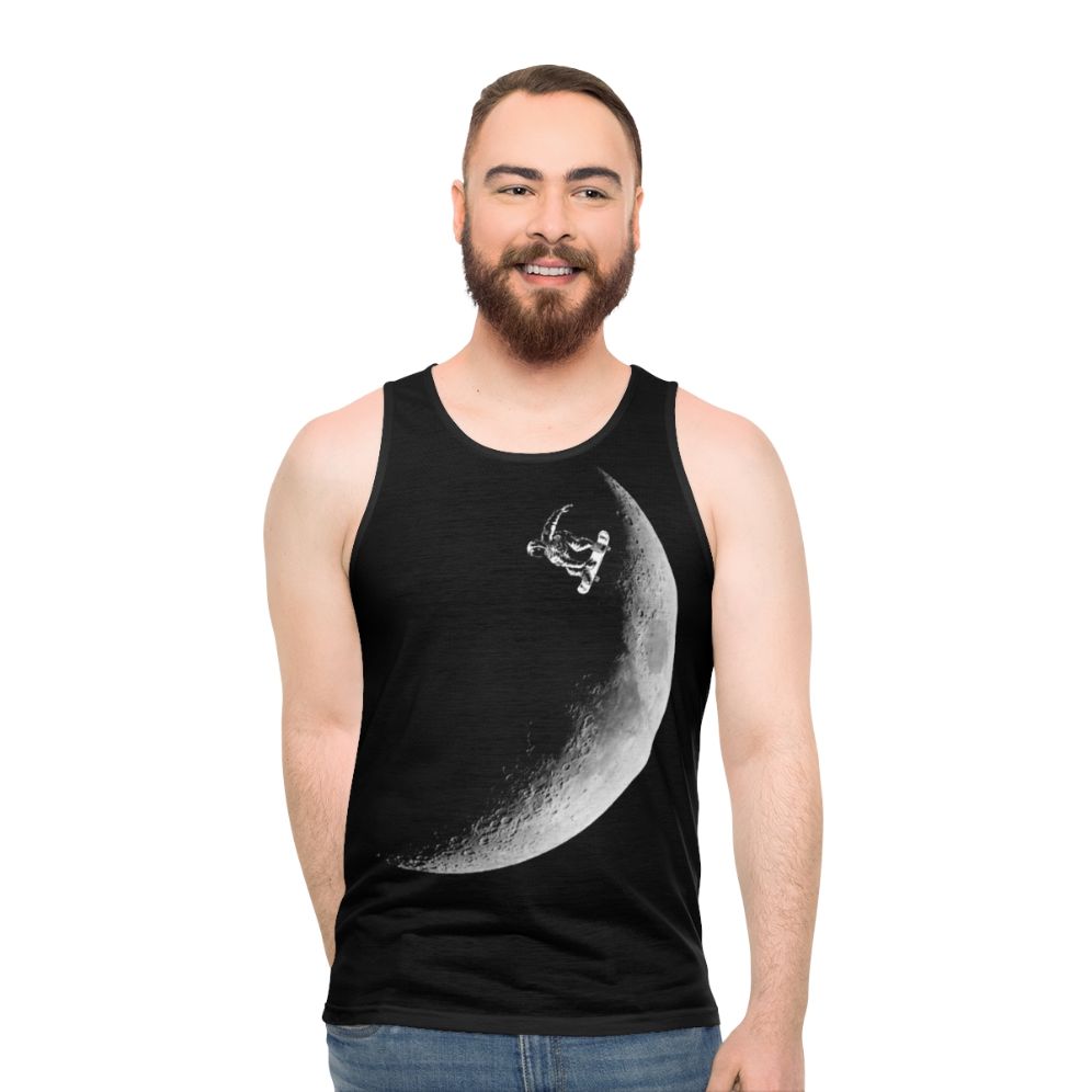 Astronaut skateboarding against a galaxy background