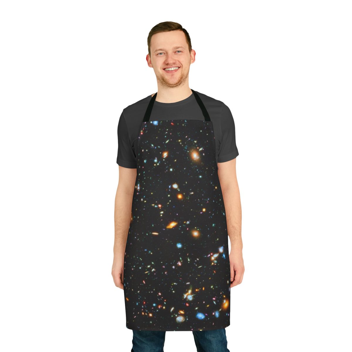 Apron featuring the Hubble Telescope's Extreme Deep Field image of distant galaxies in the universe.