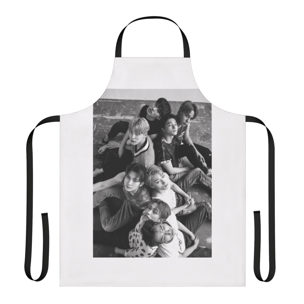 ATEEZ members featured on a custom-designed apron inspired by the group's Dazed magazine photoshoot.