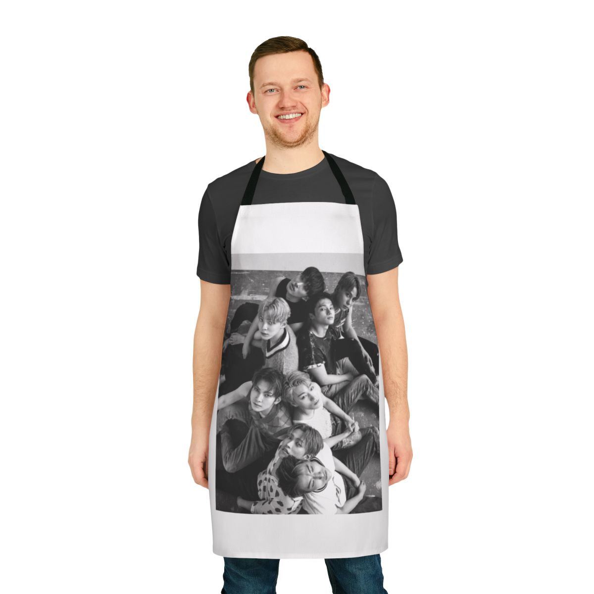 ATEEZ members featured on a custom-designed apron inspired by the group's Dazed magazine photoshoot.