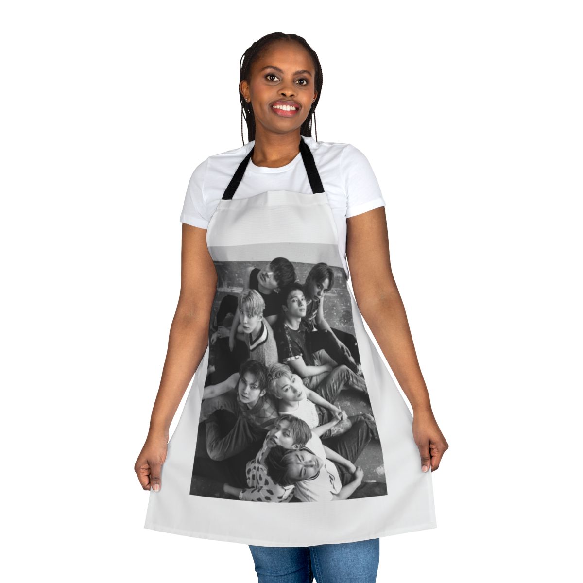 ATEEZ members featured on a custom-designed apron inspired by the group's Dazed magazine photoshoot.