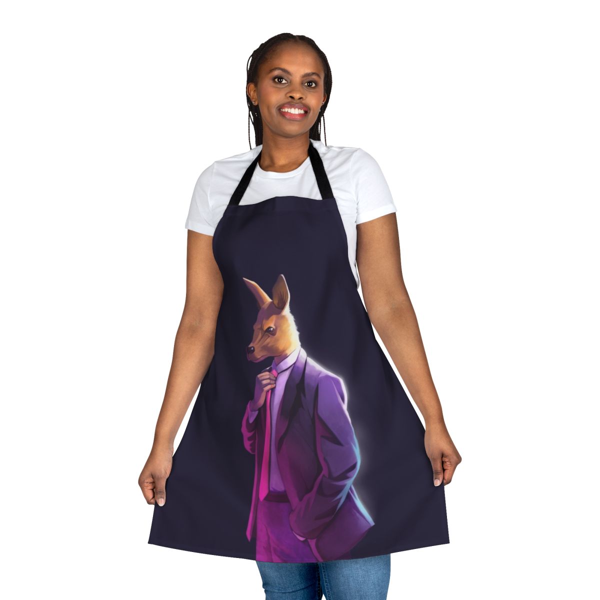 Atheist apron featuring a kangaroo in a suit design with the text "Atheism Is Unstoppable"