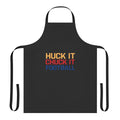 A yellow and black apron featuring the words "Huck It Chuck It" and a football design, perfect for sports fans and home cooking enthusiasts.