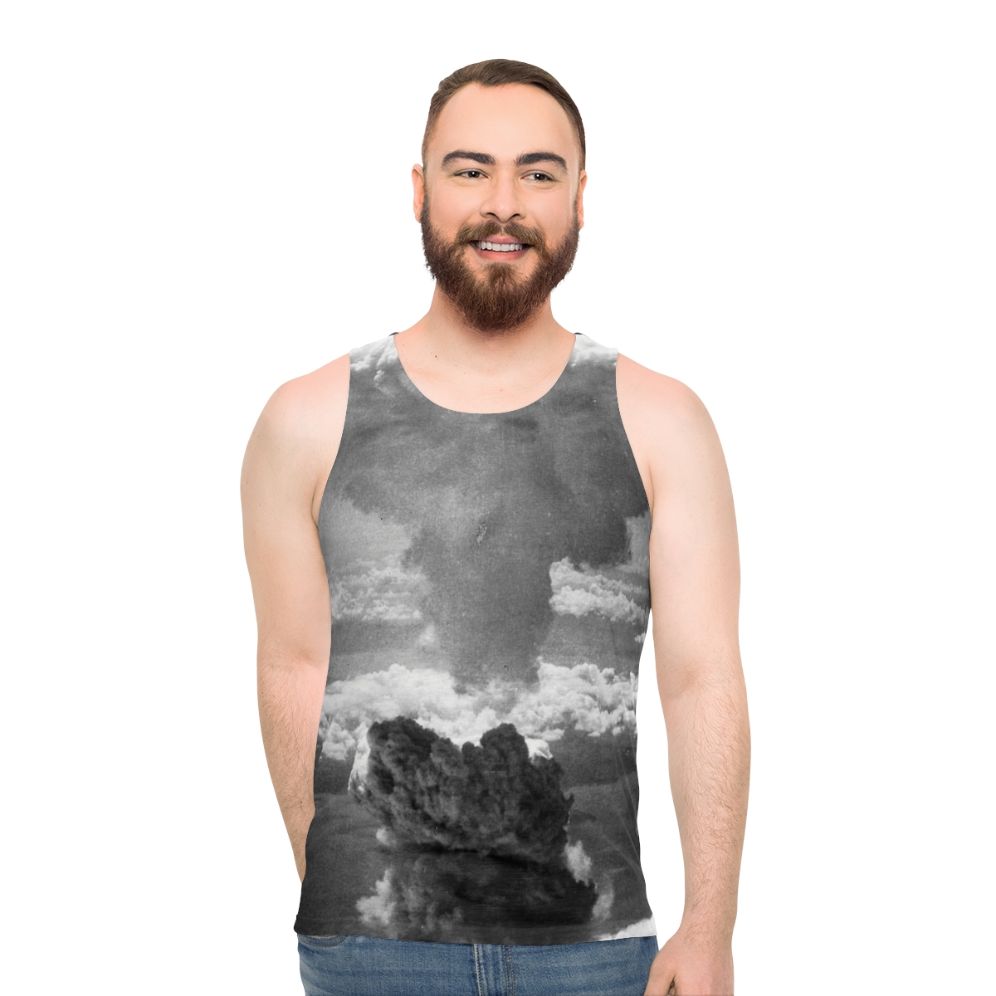 Unisex tank top with mushroom cloud nuclear explosion design