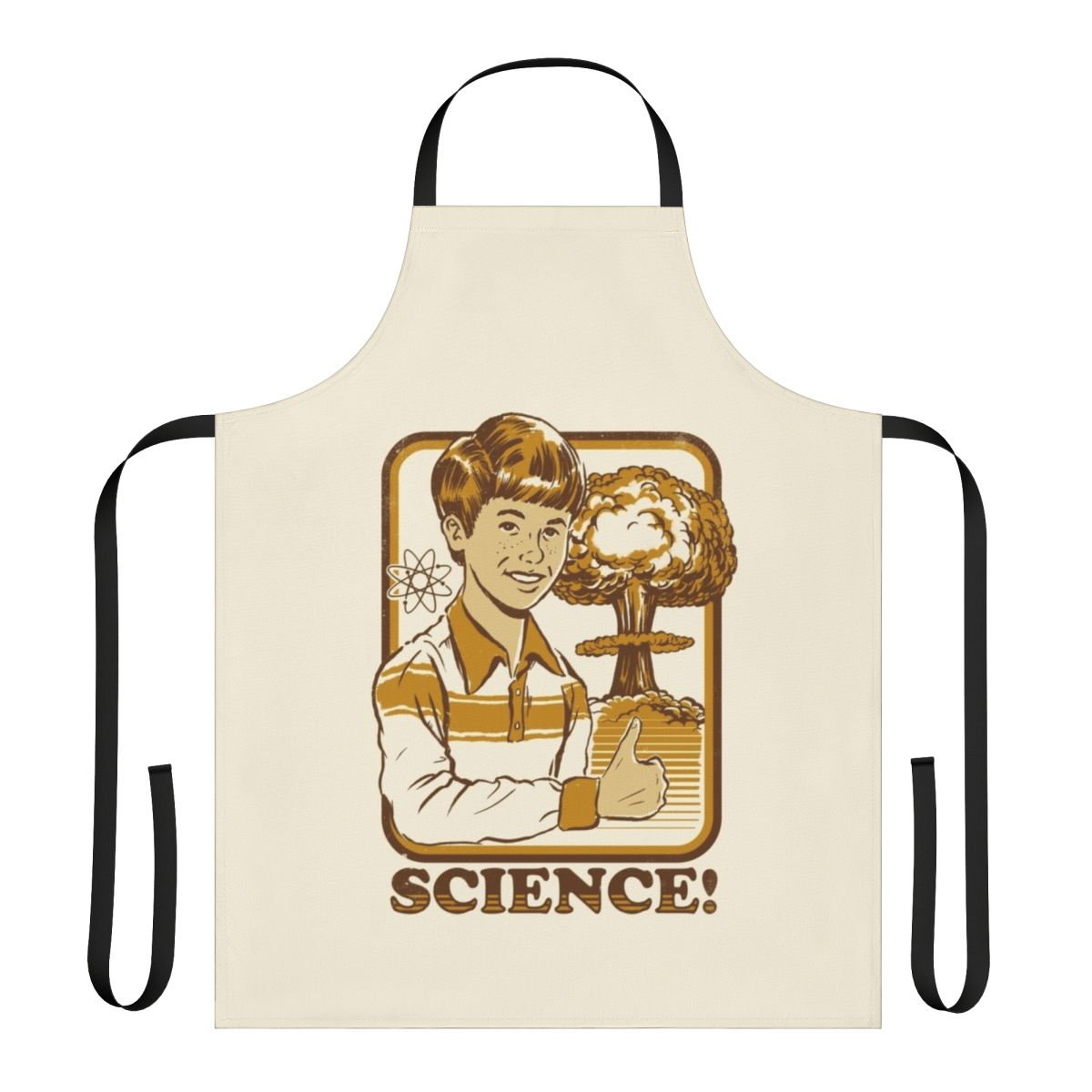 Apron with an atomic explosion graphic design, perfect for the science-minded cook or lab worker.