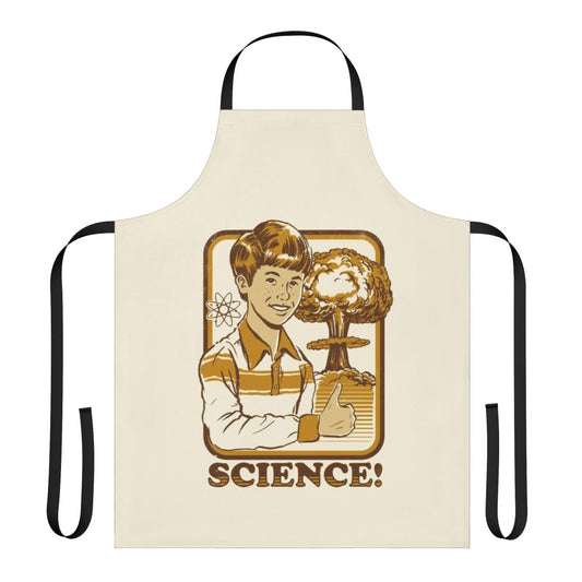 Apron with an atomic explosion graphic design, perfect for the science-minded cook or lab worker.