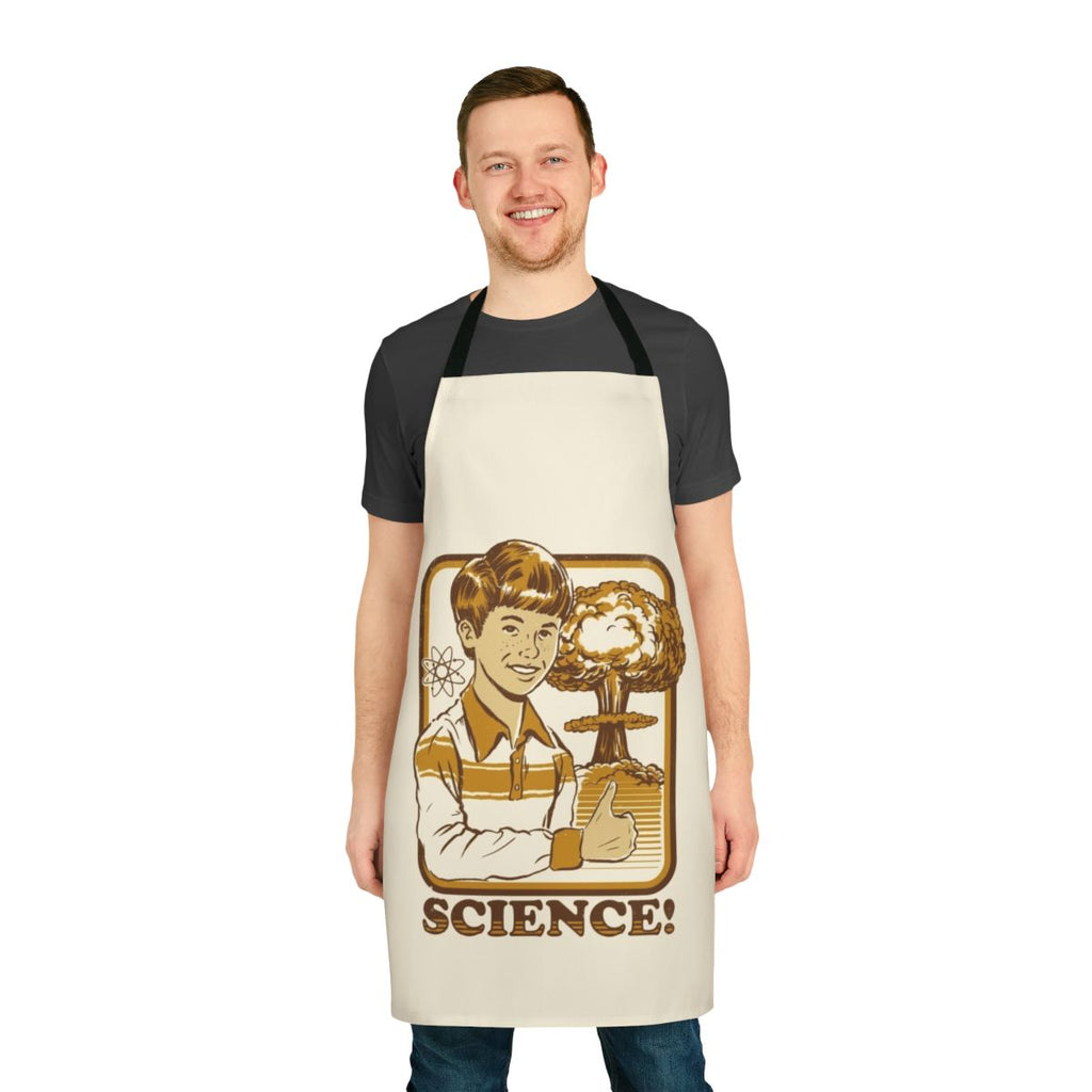 Apron with an atomic explosion graphic design, perfect for the science-minded cook or lab worker.