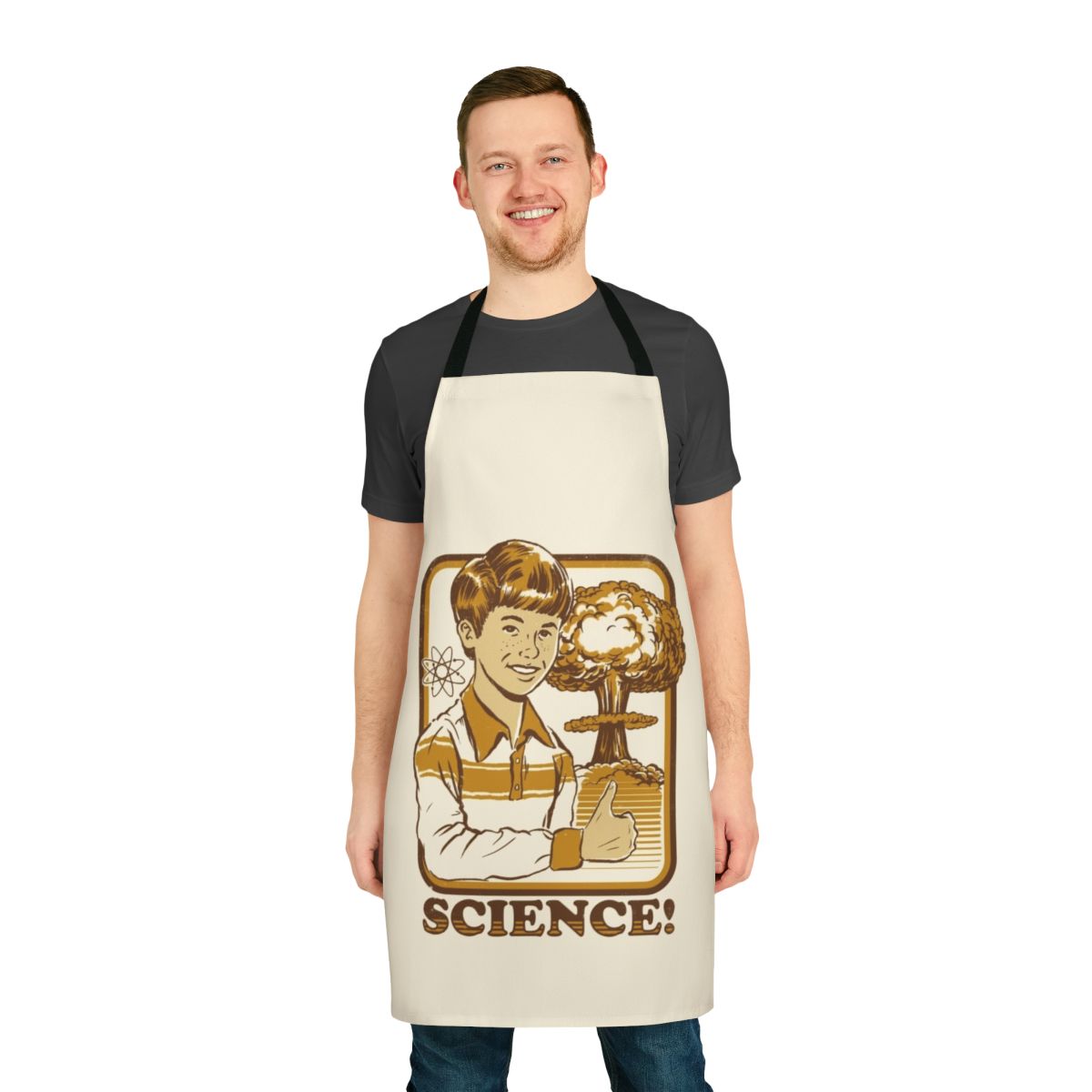 Apron with an atomic explosion graphic design, perfect for the science-minded cook or lab worker.
