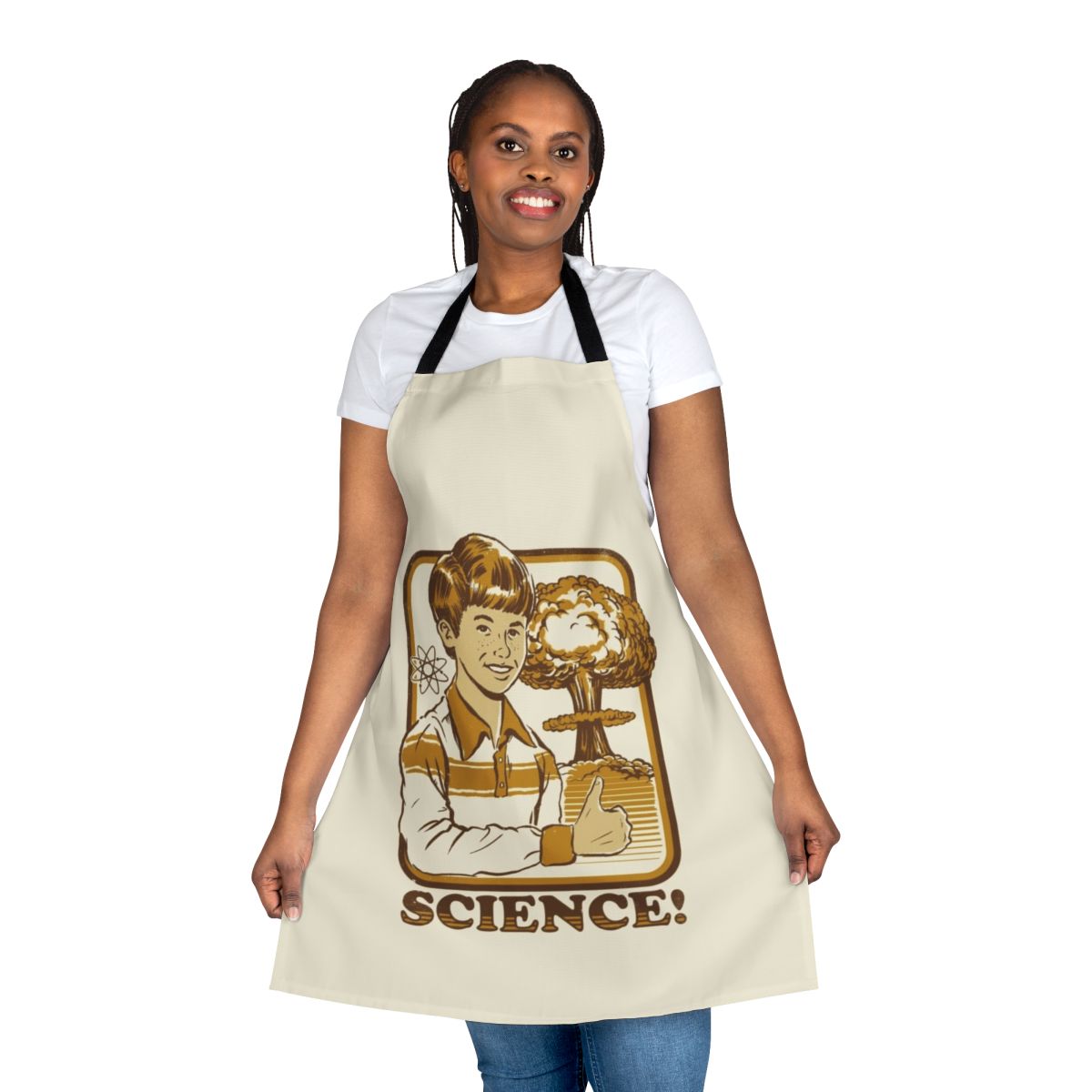 Apron with an atomic explosion graphic design, perfect for the science-minded cook or lab worker.
