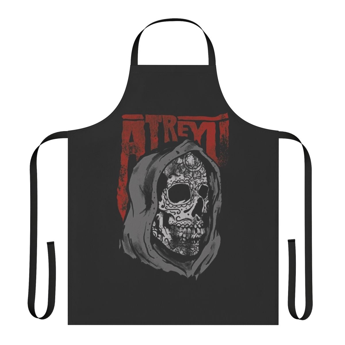Atreyu-inspired skull design printed on a high-quality kitchen apron