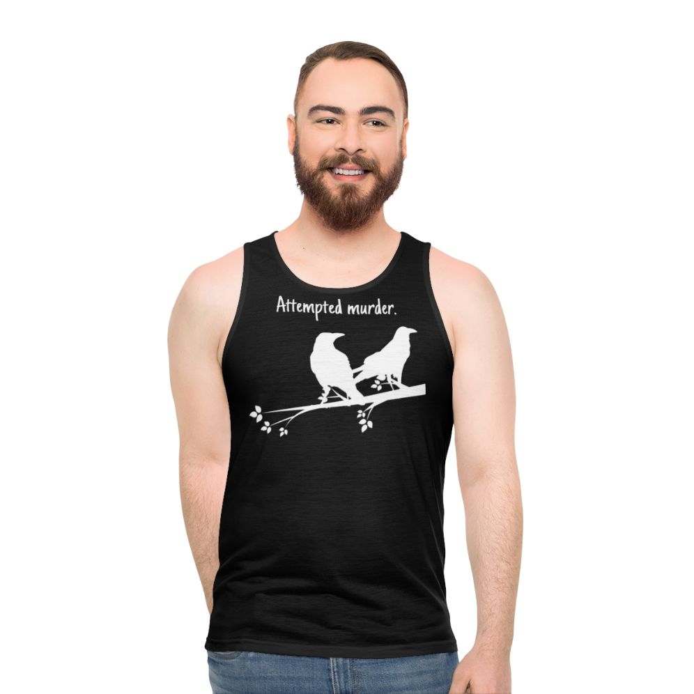 Unisex tank top with humorous "Attempted Murder" design featuring birds