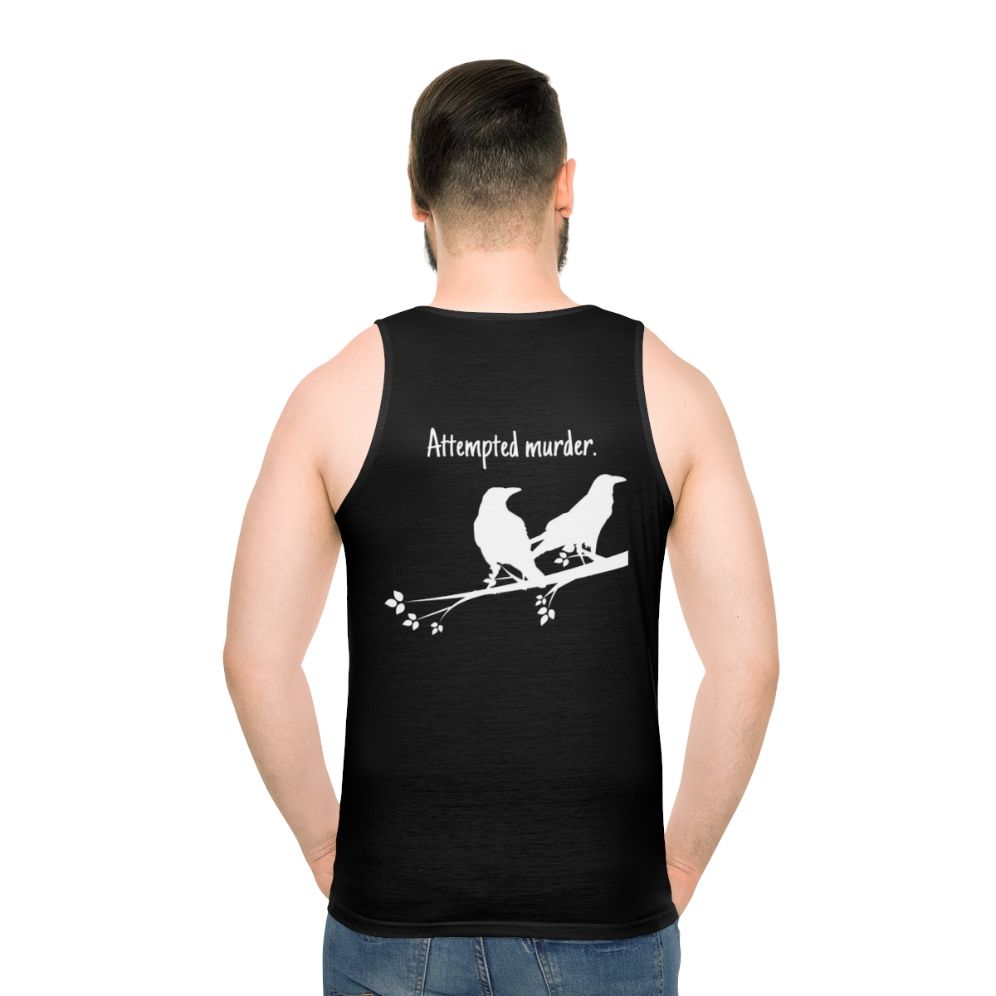Unisex tank top with humorous "Attempted Murder" design featuring birds