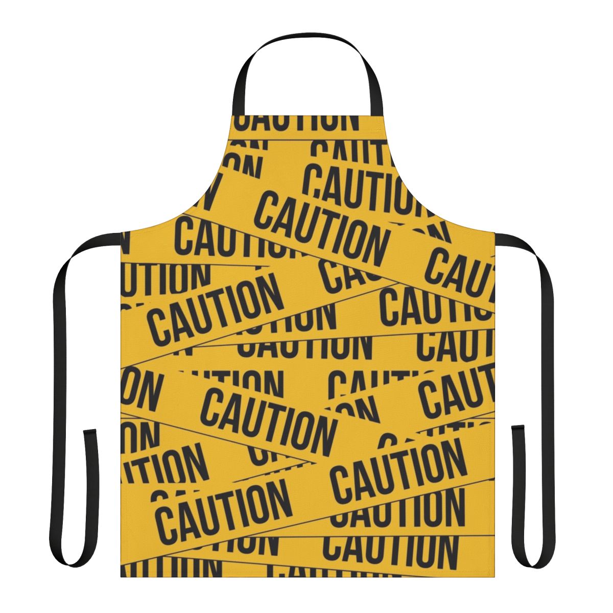 A vibrant yellow caution apron with bold black and white police tape design