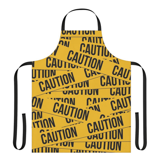 A vibrant yellow caution apron with bold black and white police tape design