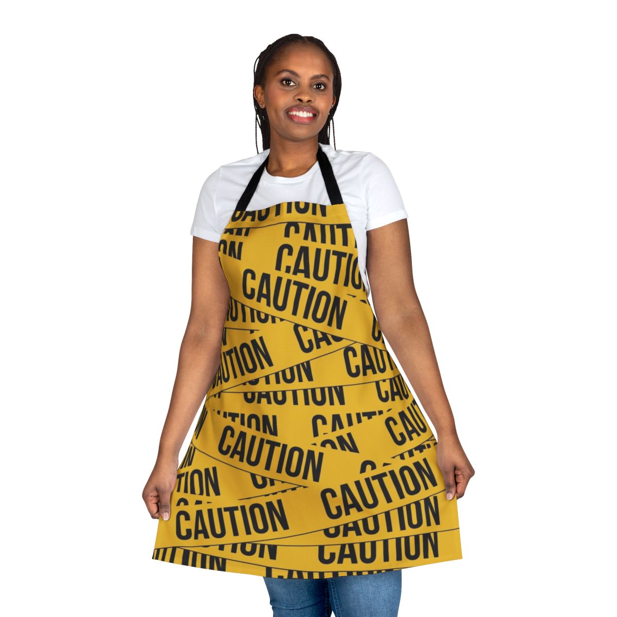 A vibrant yellow caution apron with bold black and white police tape design