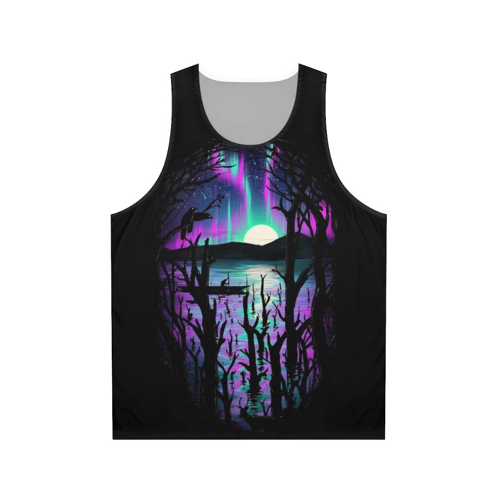 Unisex tank top featuring a serene night landscape with the Aurora Borealis