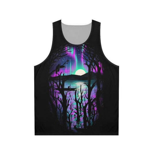 Unisex tank top featuring a serene night landscape with the Aurora Borealis
