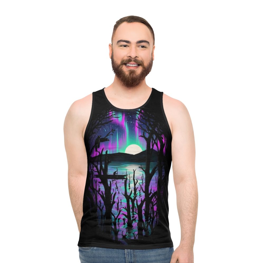 Unisex tank top featuring a serene night landscape with the Aurora Borealis