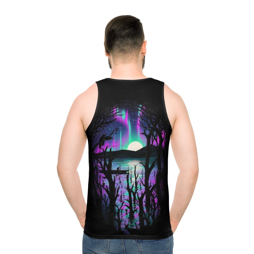 Unisex tank top featuring a serene night landscape with the Aurora Borealis