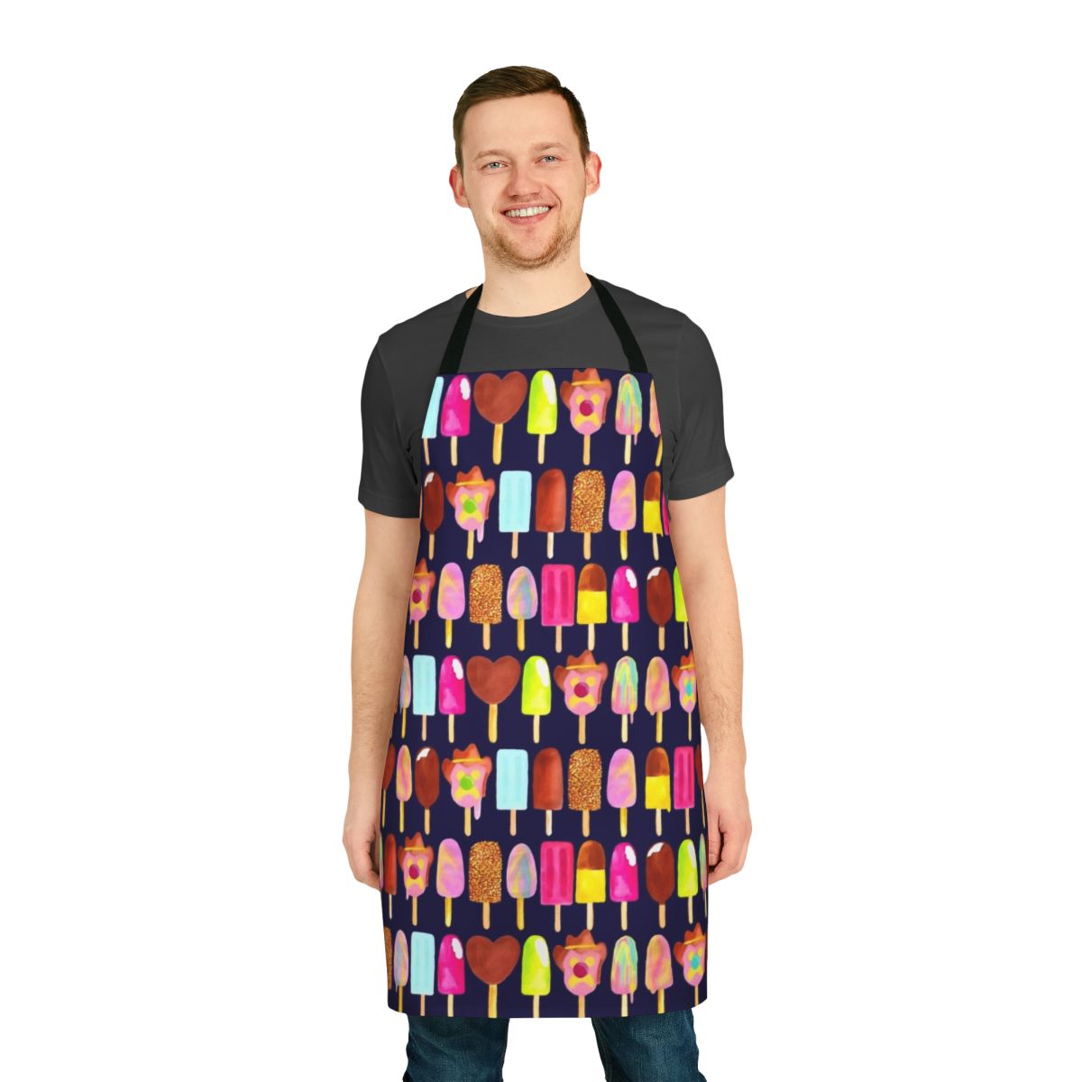 A navy blue apron featuring Aussie ice cream brands and icons