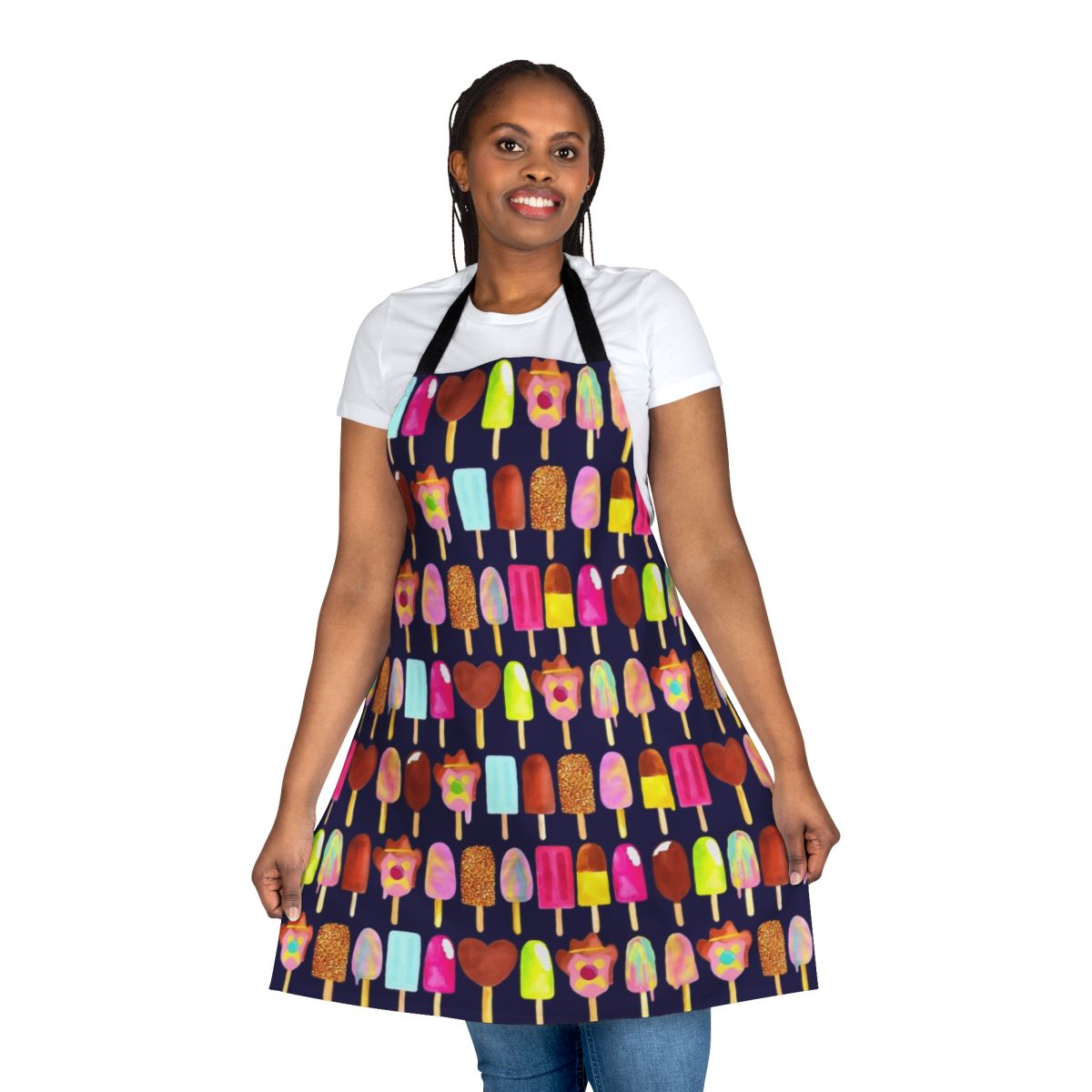 A navy blue apron featuring Aussie ice cream brands and icons