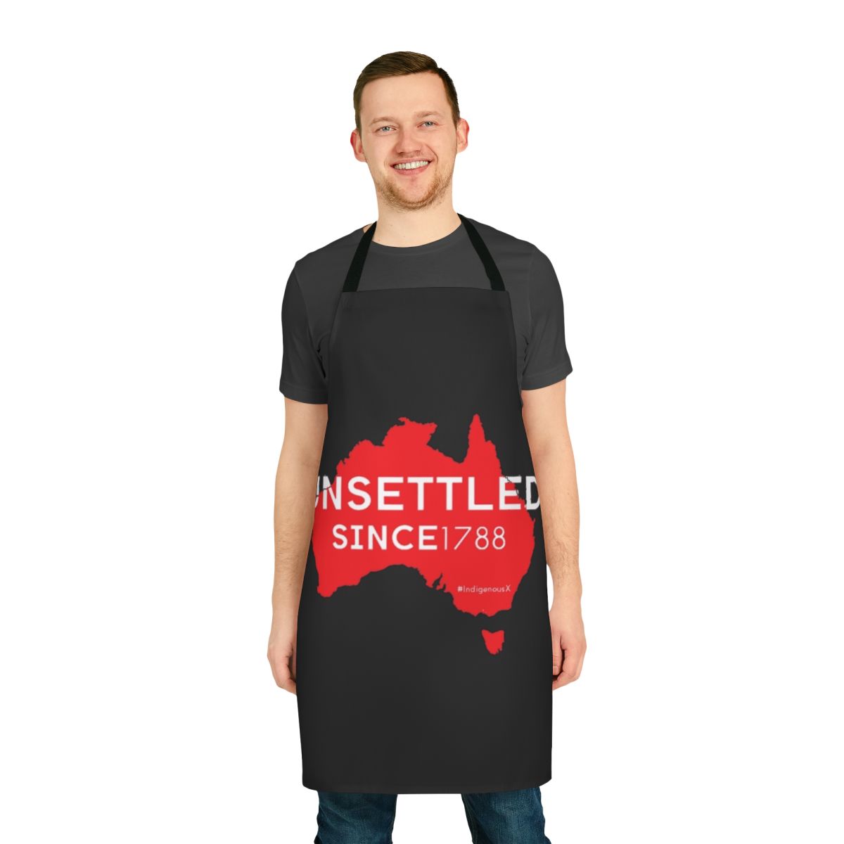 Australian Indigenous inspired apron featuring "Unsettled Since 1788" design