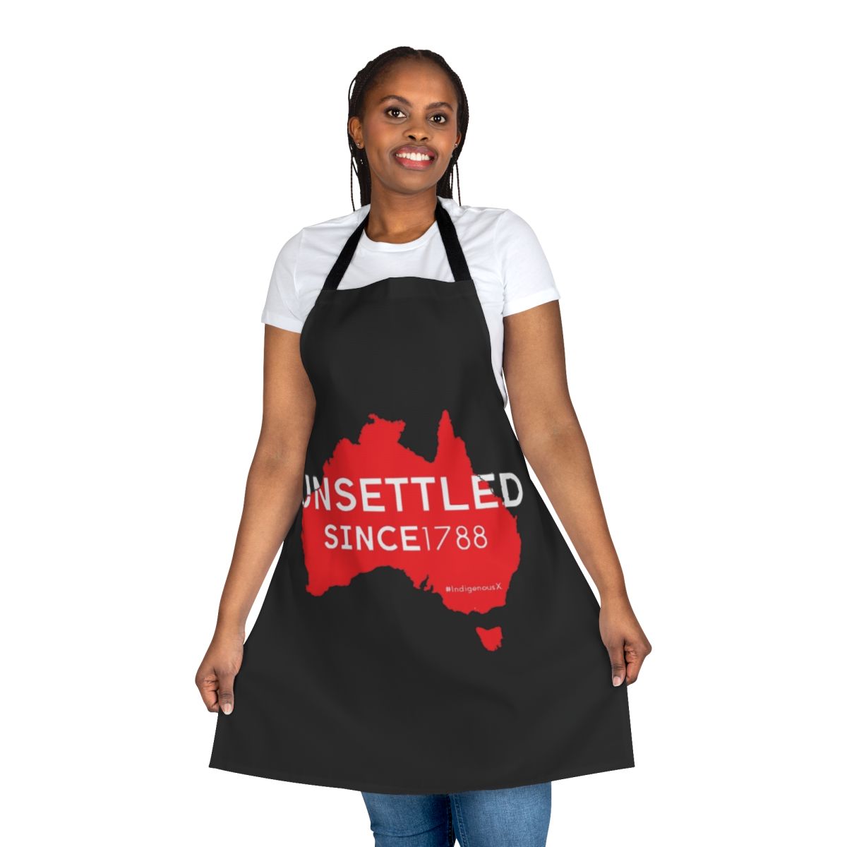 Australian Indigenous inspired apron featuring "Unsettled Since 1788" design