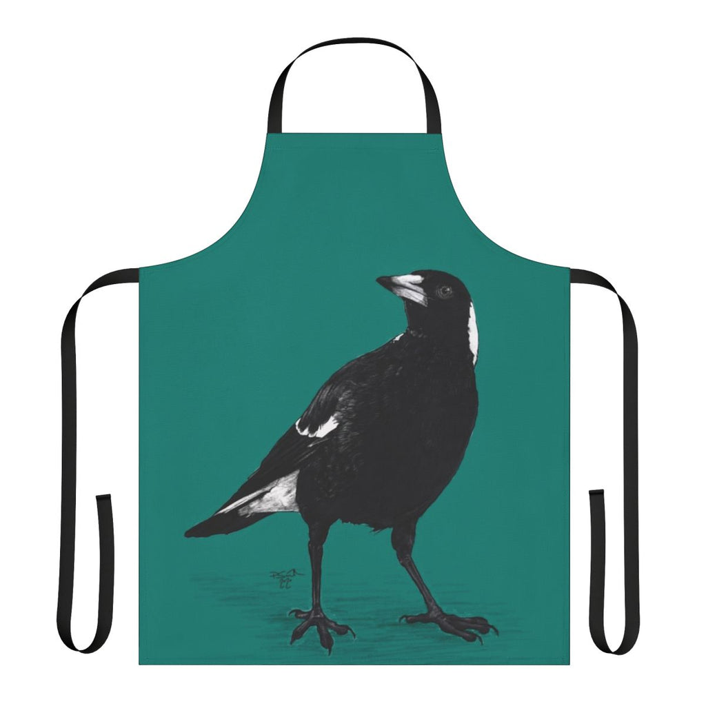 Black and white bird apron featuring an illustration of an Australian magpie