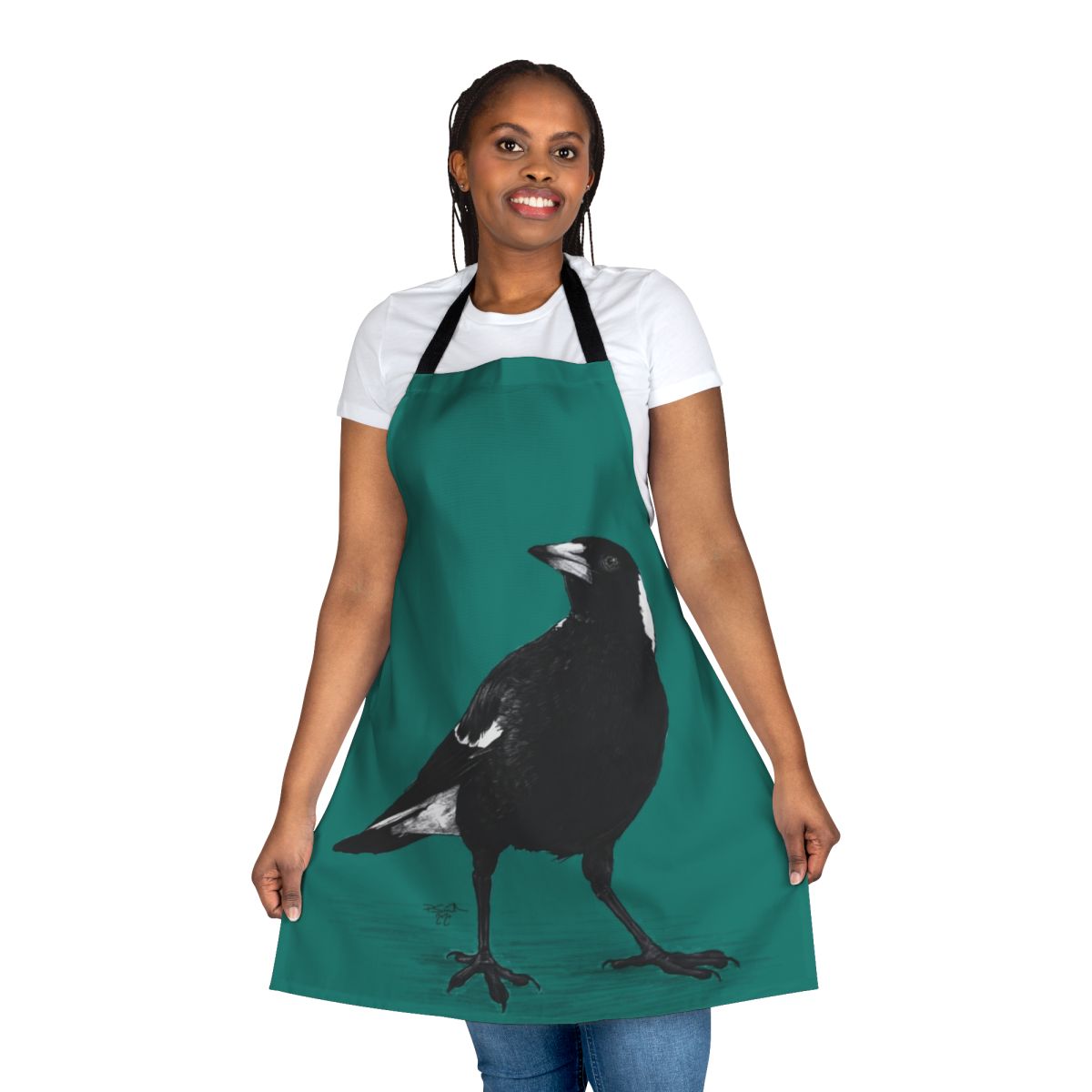 Black and white bird apron featuring an illustration of an Australian magpie