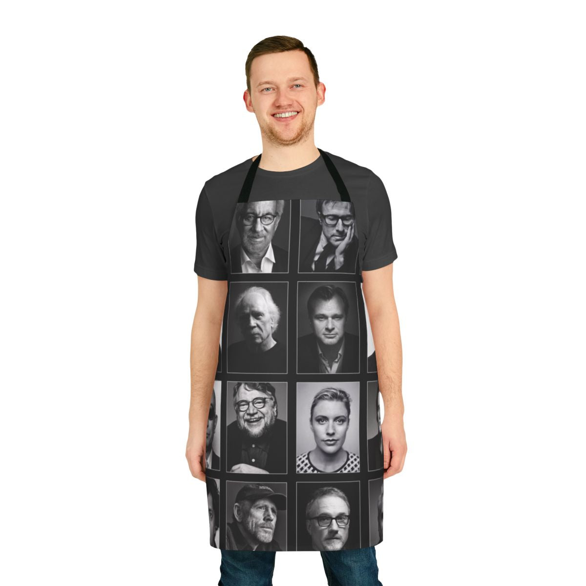 Auteur film director inspired apron featuring iconic filmmakers and classic cinema imagery