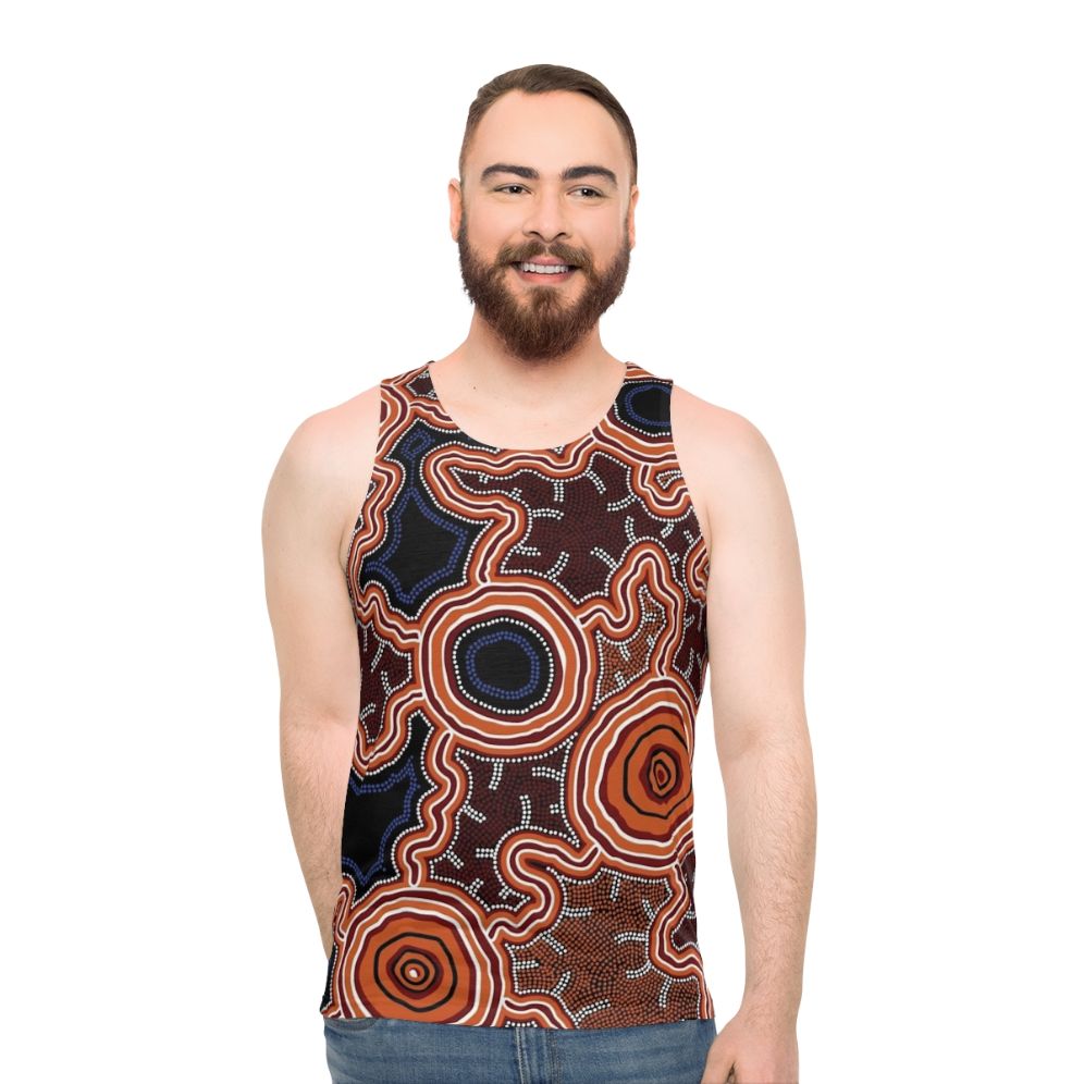 Authentic Aboriginal Art Unisex Tank Top with Pathway to Water Design