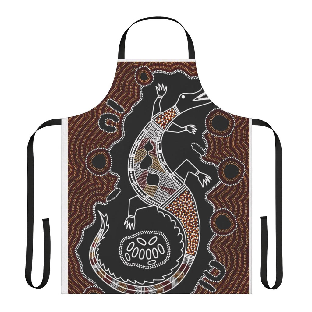 Vibrant crocodile-themed apron featuring authentic aboriginal dot art