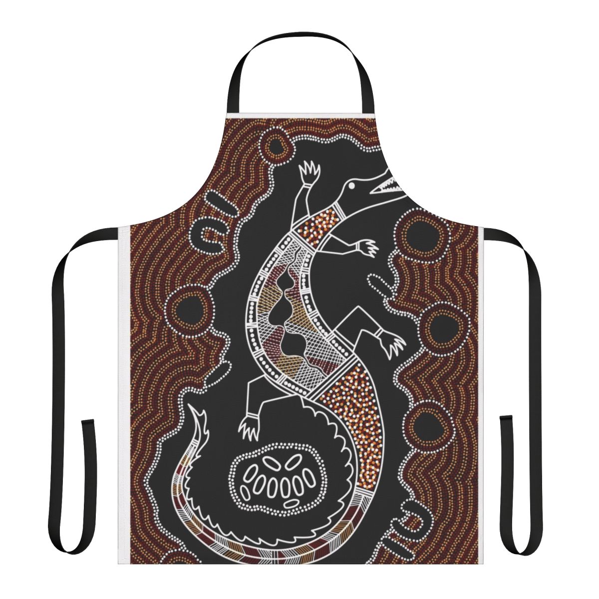 Vibrant crocodile-themed apron featuring authentic aboriginal dot art