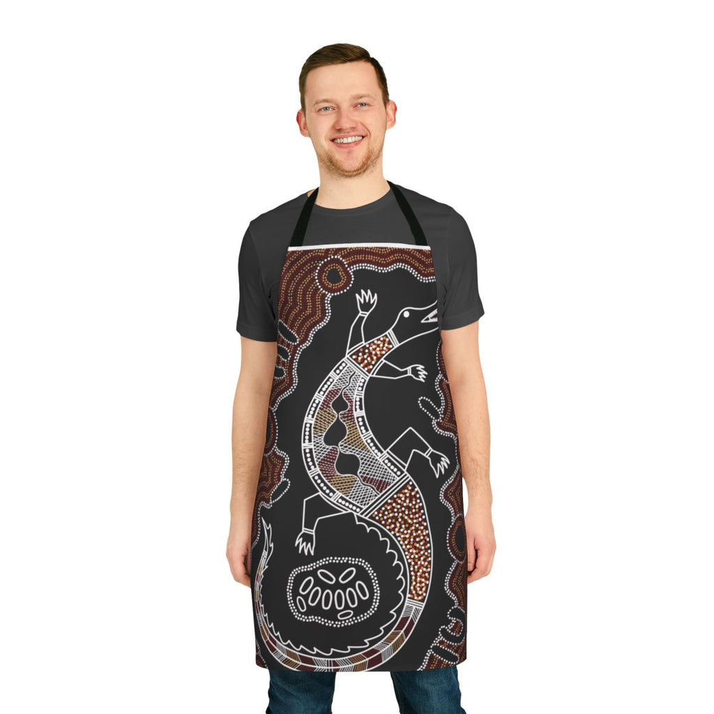Vibrant crocodile-themed apron featuring authentic aboriginal dot art