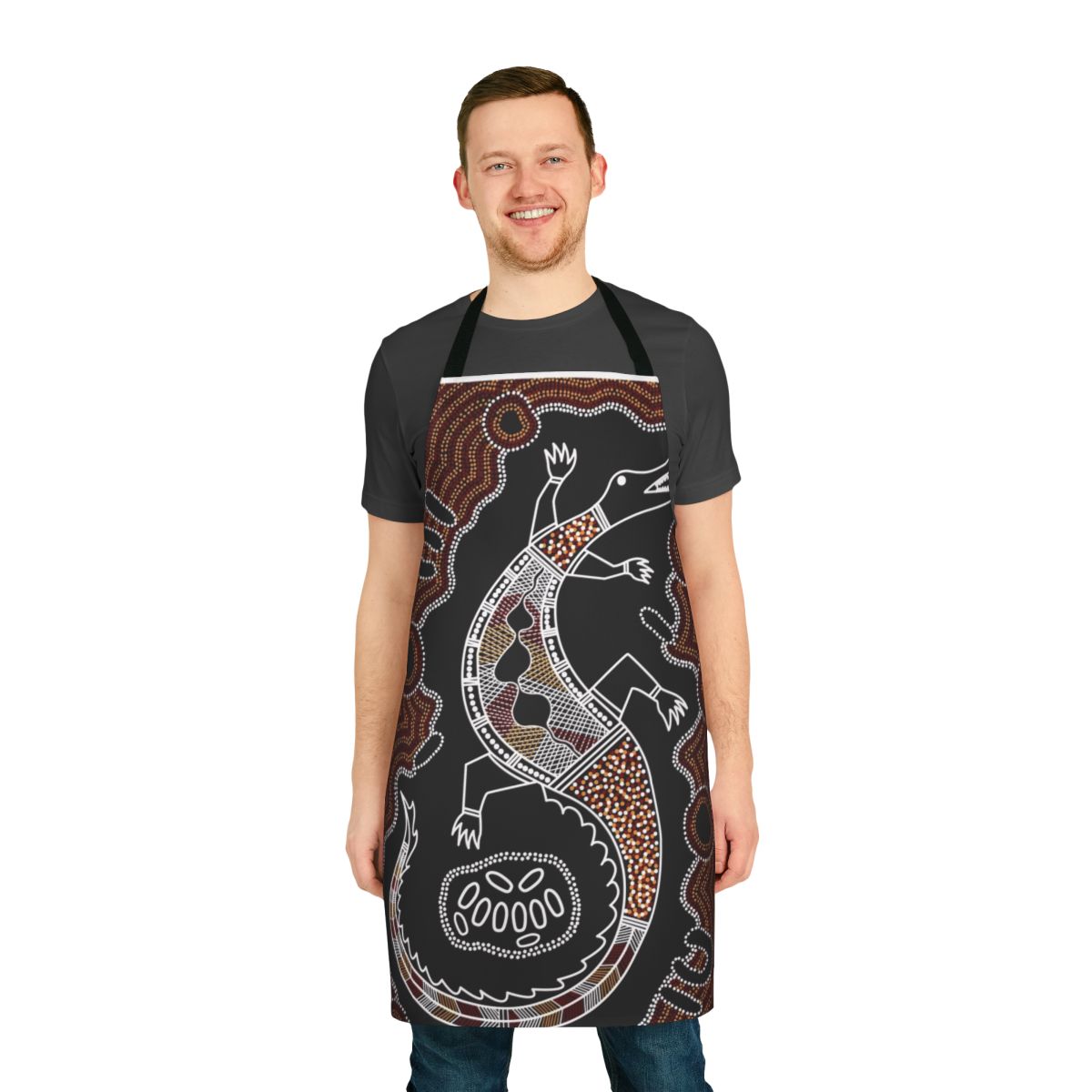 Vibrant crocodile-themed apron featuring authentic aboriginal dot art