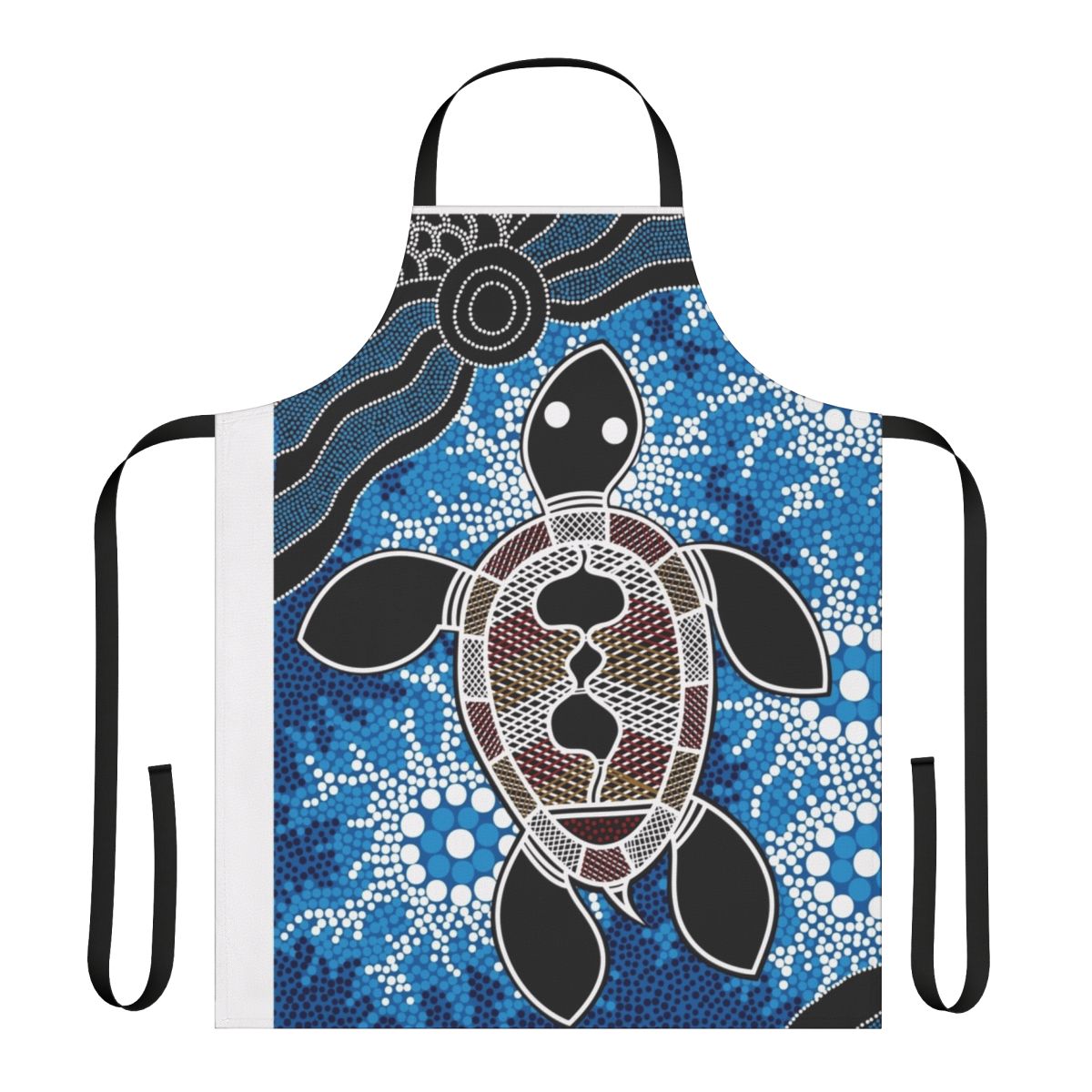 Colorful aboriginal-inspired apron featuring a design of sea turtles in traditional dot art style