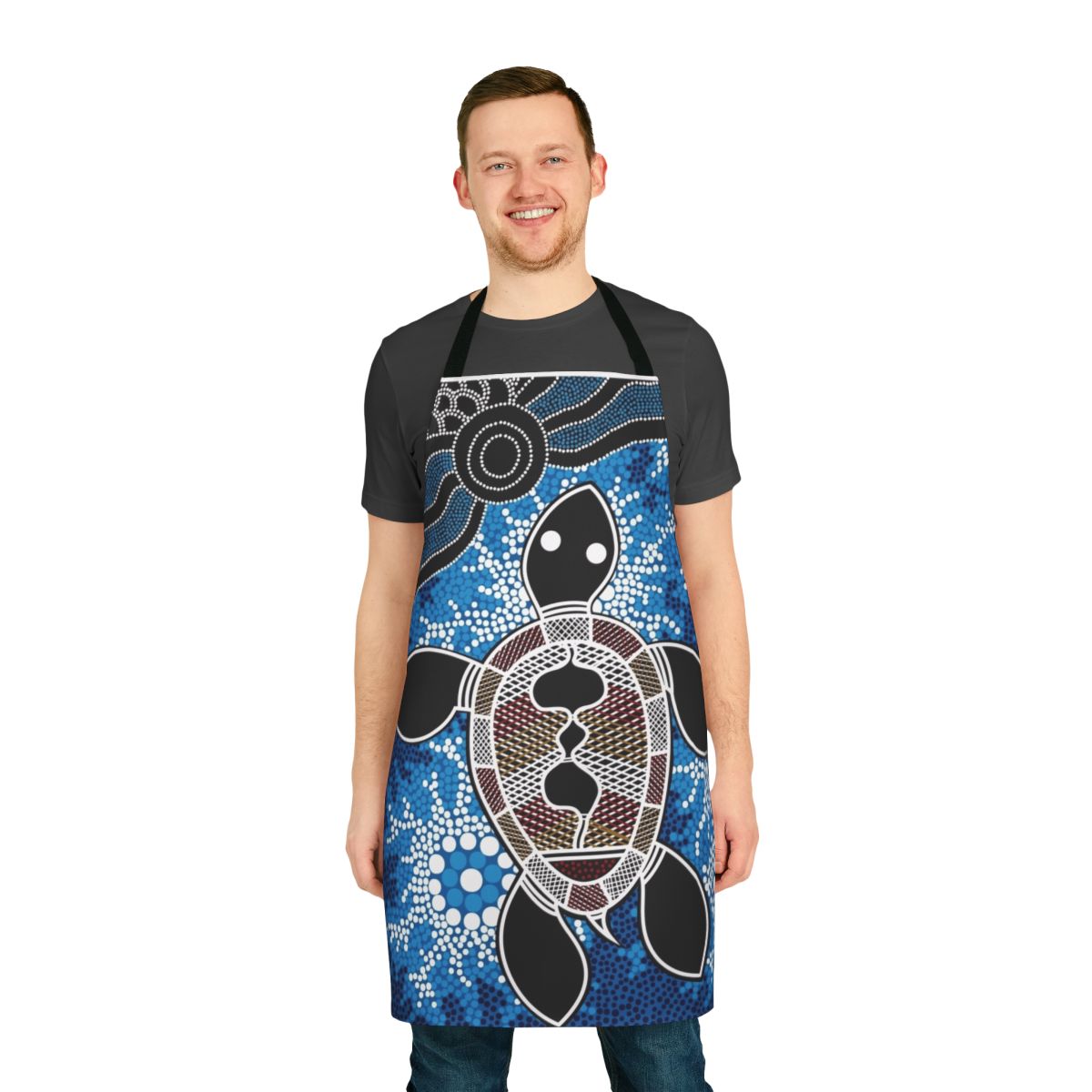 Colorful aboriginal-inspired apron featuring a design of sea turtles in traditional dot art style