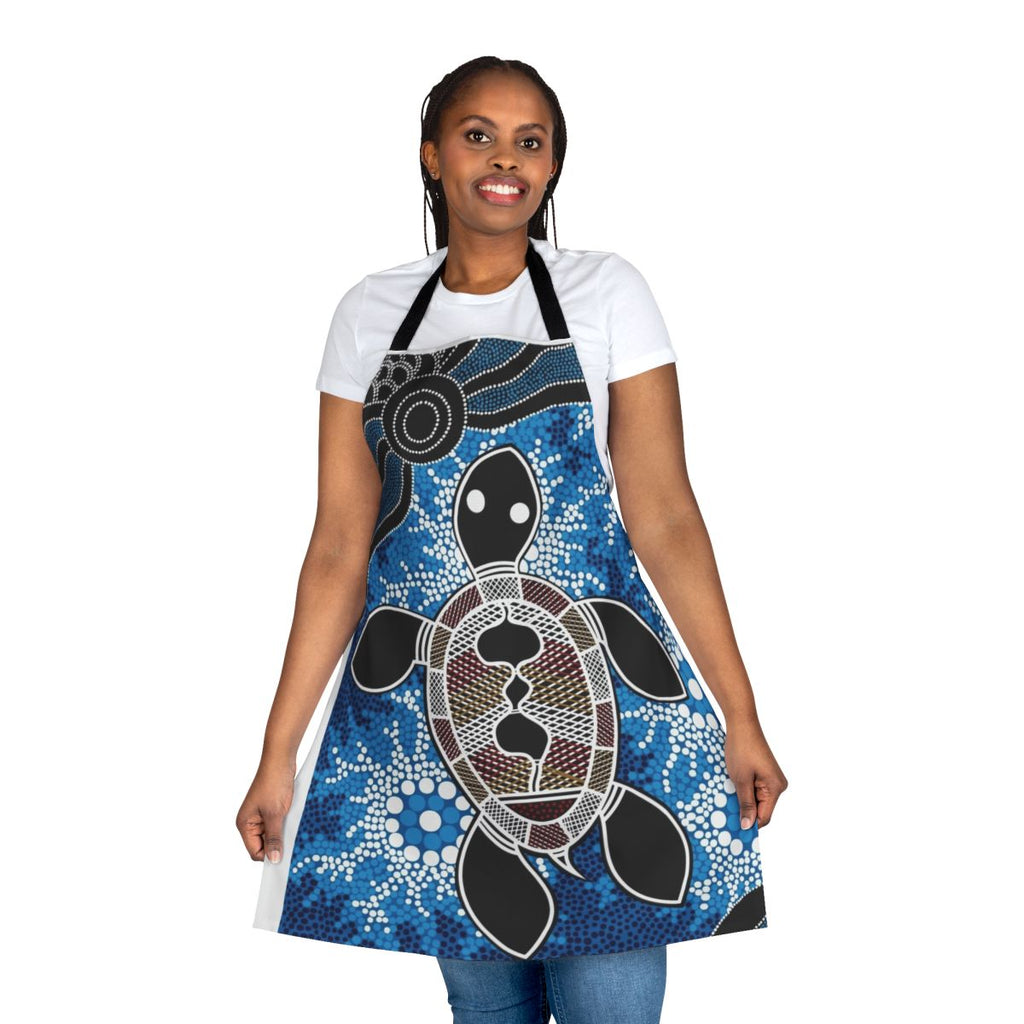Colorful aboriginal-inspired apron featuring a design of sea turtles in traditional dot art style