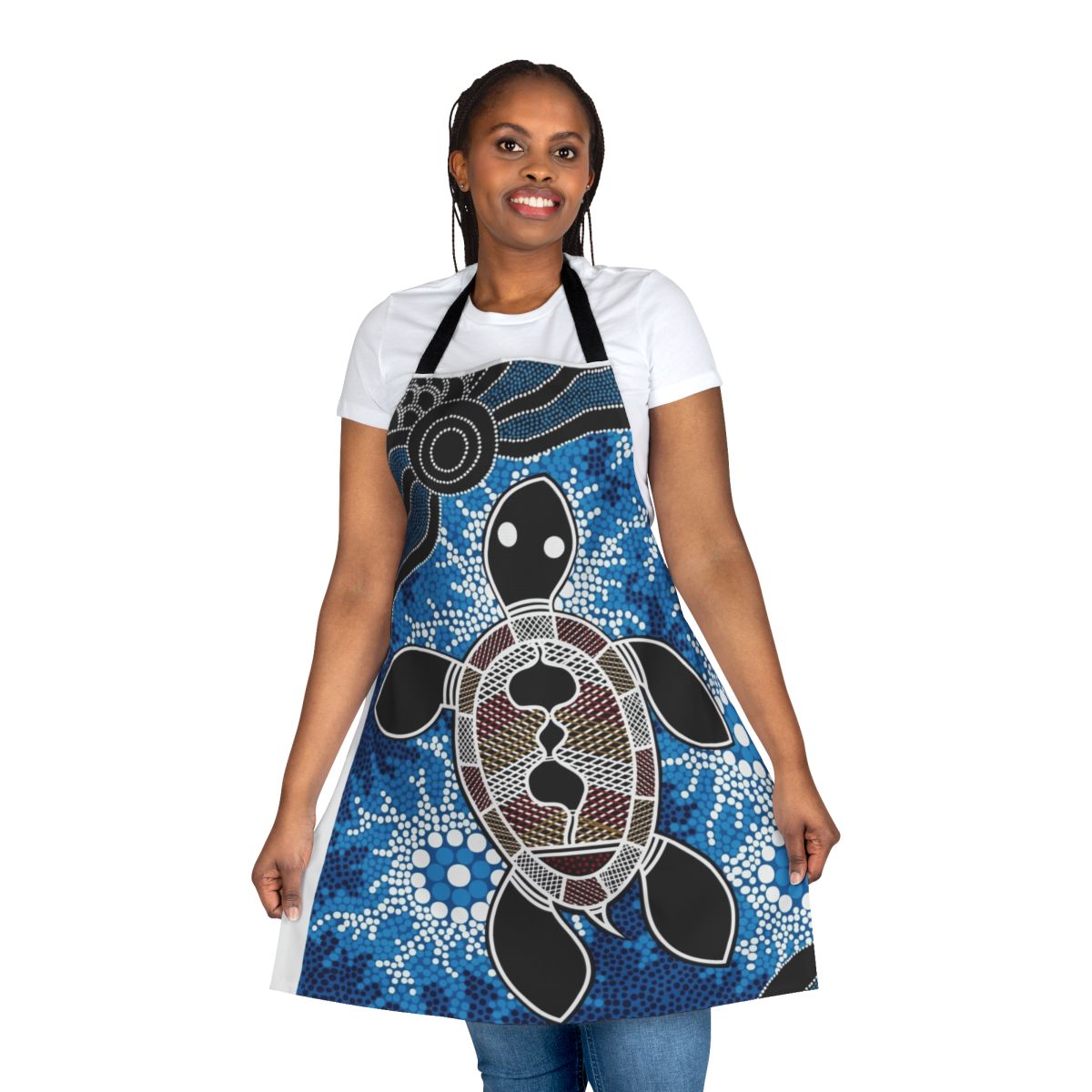 Colorful aboriginal-inspired apron featuring a design of sea turtles in traditional dot art style