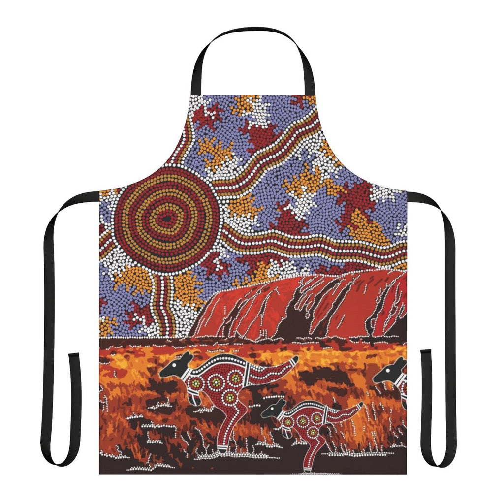Apron featuring a vibrant aboriginal-inspired design of Uluru (Ayers Rock), kangaroos, and the Australian outback.