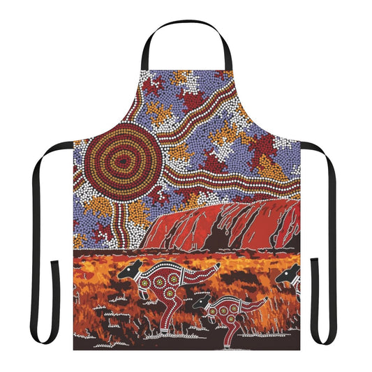 Apron featuring a vibrant aboriginal-inspired design of Uluru (Ayers Rock), kangaroos, and the Australian outback.